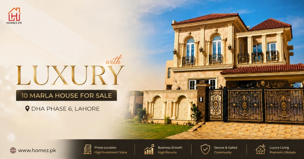 Luxury 10 Marla House for Sale DHA Phase 6 Lahore featuring elegant design, spacious bedrooms, modern kitchen, lush lawn, and prime location. Move!
